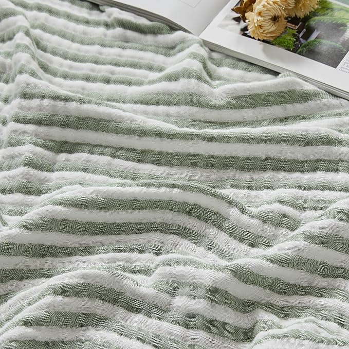 EMME Cotton Muslin Queen Blanket Bed Layering Bedspread Coverlet Breathable Gauze Soft Lightweight Adults (Striped Sage Green, 90"x90")