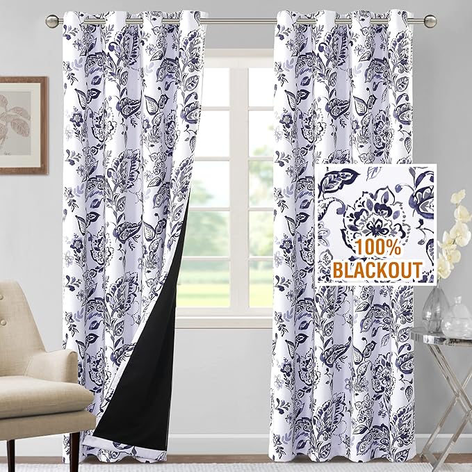 H.VERSAILTEX 100% Blackout Curtains for Bedroom Paisley Floral Printed Curtains 96 Inches Long Grommet Curtains & Drapes Thermal Curtains Window Treatments with Black Liner 2 Panels, Navy