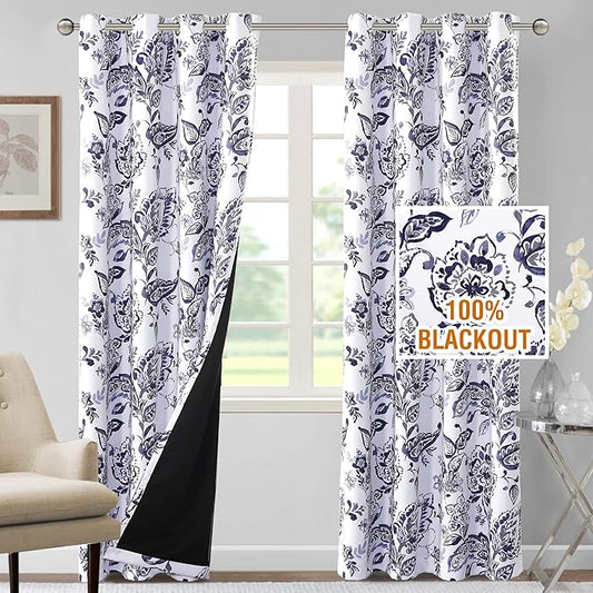 H.VERSAILTEX 100% Blackout Curtains for Bedroom Paisley Floral Printed Curtains 96 Inches Long Grommet Curtains & Drapes Thermal Curtains Window Treatments with Black Liner 2 Panels, Navy