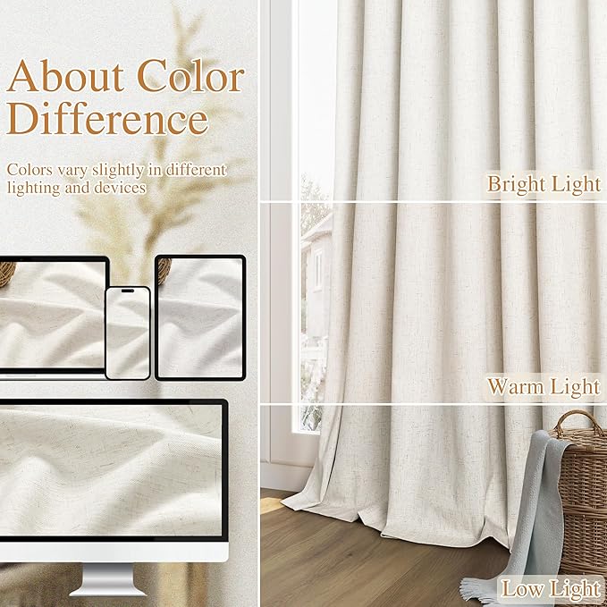 Guken Cream 100% Blackout Curtains 60 Inch Length 2 Panels Set for Living Room Bedroom Back Tab Thermal Insulated Black Out Linen Drapes Room Darkening Window Curtains