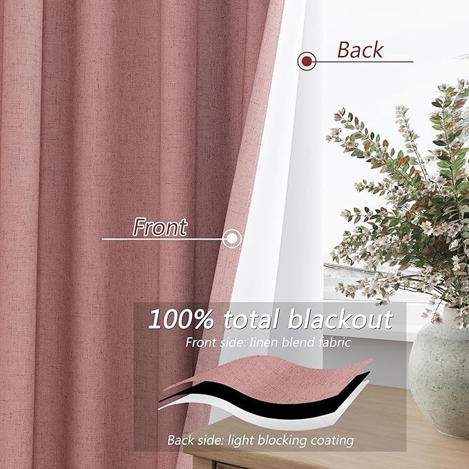 Guken 100% Blackout Curtains 108 Inch Length 2 Panels Set for Living Room Bedroom Back Tab Thermal Insulated Black Out Linen Drapes Room Darkening Window Curtains 108 Inches Long, Ash Rose