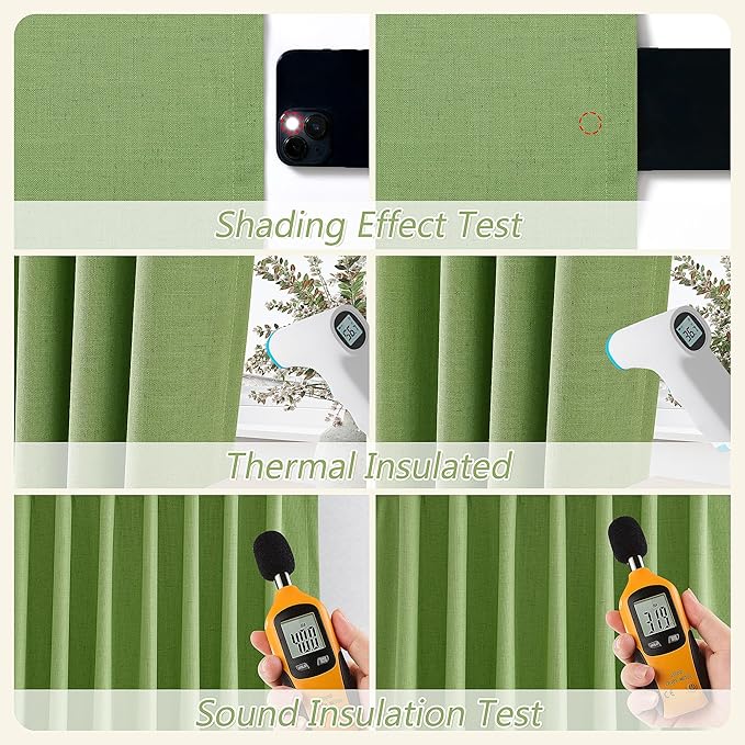 Guken 100% Blackout Curtains 96 Inch Length 2 Panels Set for Living Room Bedroom Back Tab Thermal Insulated Black Out Linen Drapes Room Darkening Lime Green,52x96
