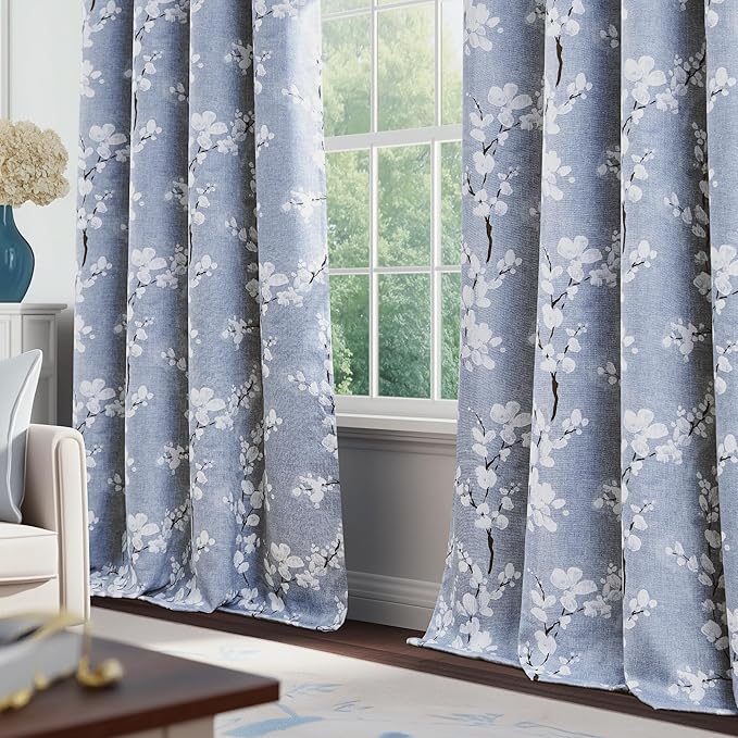 FMFUNCTEX 100% Blackout Floral Curtains for Bedroom, Blue Curtains 96 inches Long Blossom Flower Patterned for Living Room,Thermal Insulated Farmhouse Drapes, Grommet Top 2 Panels (White on Blue)