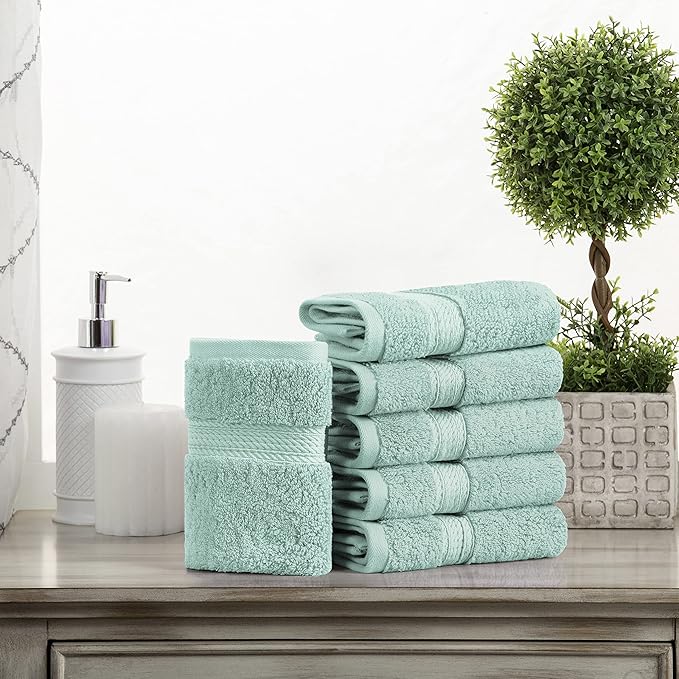 Superior Egyptian Cotton Pile Face Towel/Washcloth Set of 6, Ultra Soft Luxury Towels, Thick Plush Essentials, Absorbent Heavyweight, Guest Bath, Hotel, Spa, Home Bathroom, Shower Basics, Sea Foam
