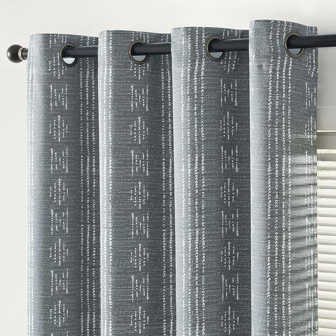 jinchan 95% Blackout Boho Curtains 63 Inch Length for Bedroom White on Grey Geometric Printed Grommet Top Room Darkening Thermal Insulated Window Drapes 2 Panels