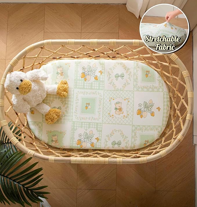 SDY Jersey Floral Bassinet Sheets for Baby Boys and Girls,32 "x 16 "x 4",2 Pack,Neutral Green Flower Standard Oval/Retangle Bassinet Mattress Sheets for Toddler,Super Soft Breathable