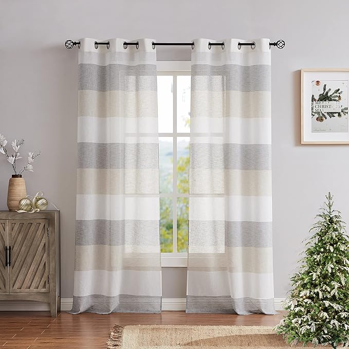Central Park Gray Tan Stripe Sheer Color Block Window Curtain Panel Linen Window Treatment for Bedroom Living Room Farmhouse 84 inches Long with Grommets, 2 Panel Rustic Drapes