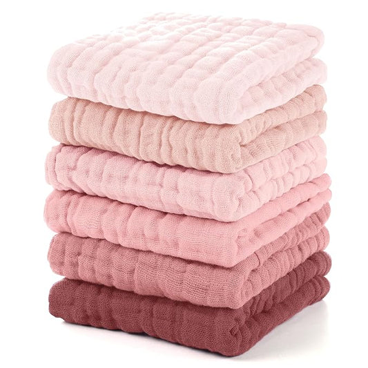 Unnivoll Muslin Baby Washcloths 6 Pack, 100% Cotton Wash Cloths for Babies, Large 12''X12'' Burp Cloths Absorbent and Soft for Newborn Infants Kids Boys Girls - Gradient Pink