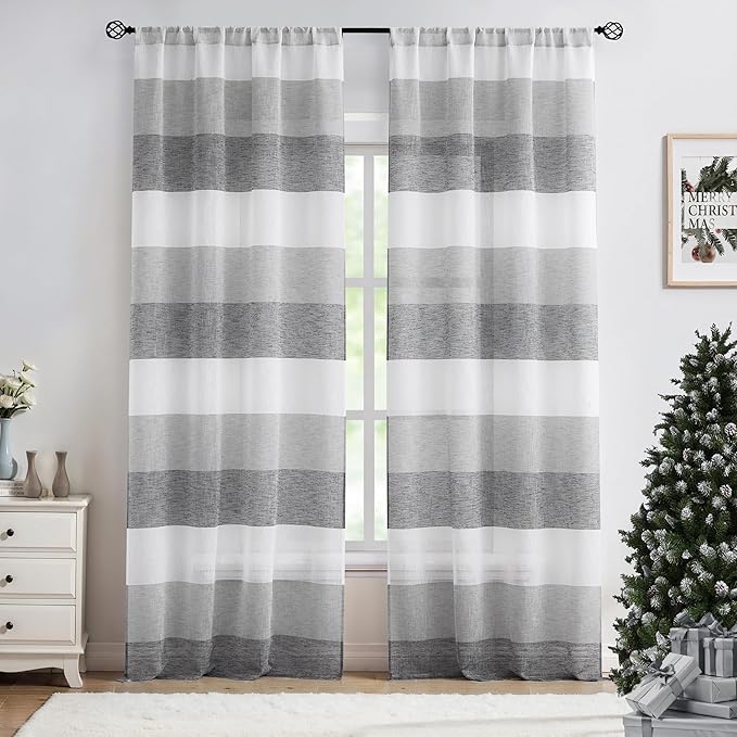 Central Park Gray Charcola Stripe Sheer Color Block Window Curtain Panel Linen Window Treatment for Bedroom Living Room Farmhouse 84 inches Long Rod Pocket, 2 Panel Rustic Drapes, 40"x84"x2