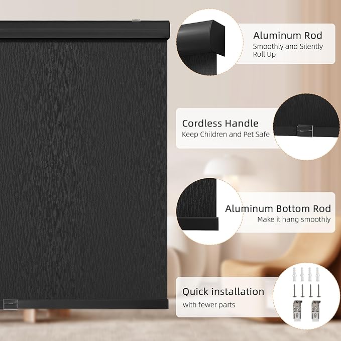 ChrisDowa Cordless Blackout Roller Shades for Windows, Striped Free-Stop Window Blinds with Privacy, Thermal Insulated Window Shades for Home, Office and Door. Black, 71" W x 72" H