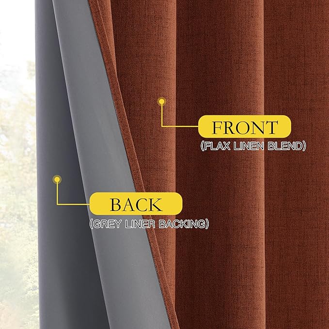 NICETOWN 100% Blackout Farmhouse Curtains 95" Length with Thermal Insulated Liners, Privacy Window Treatments Fall Home Decoration, Drapes for Cottage Living Room (2 Panels, 52" W, Burnt Orange)