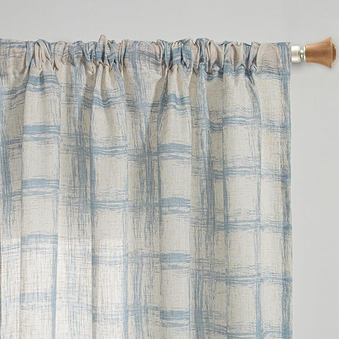 MYSKY HOME Linen Curtains 84 Inches Long, Window Treatment Sets for Living Room Bedroom Linen Blend Drapes, Soft Touch Plaid Room Divider Curtains for Doorways Sliding Glass Door, Blue, 2 PCs