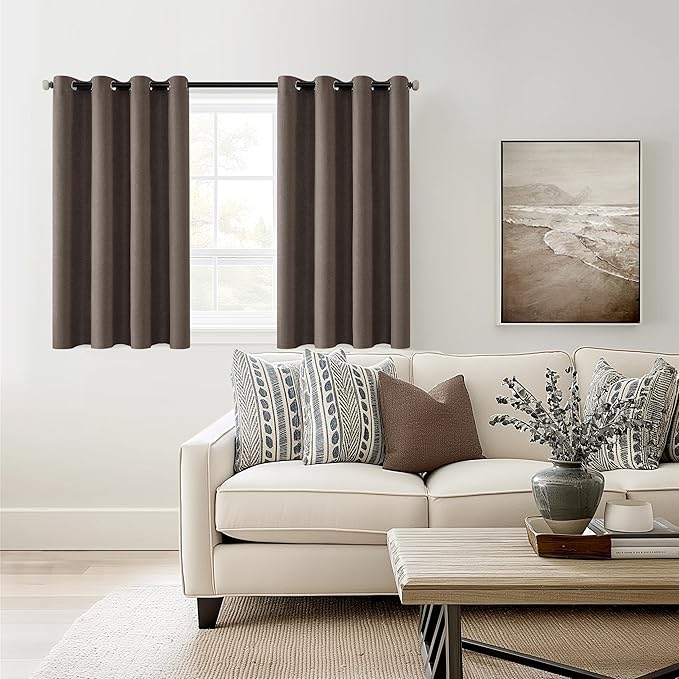 ChrisDowa 100% Blackout Brown Solid Curtains 45 Inches Long 2 Panels for Bedroom Living Room,Farmhouse Room Darkening Thermal Insulated Soundproof Grommet Top Window Treatment Drapes,52x45