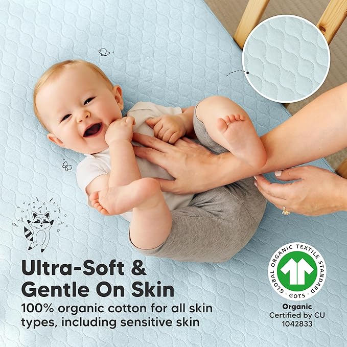 2-Pack Waterproof Crib Mattress Protector Cover Fitted - Quiet Baby Crib Mattress Pad Sheets, 52" x 28" Soft Quilted Cotton Baby Sheet, Machine Washable, Easy Fit, Durable (Frost/Mavy)