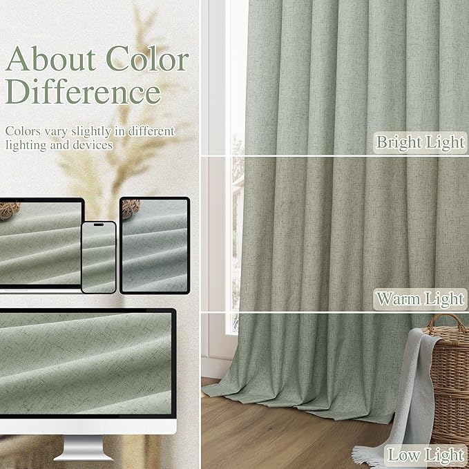 Guken 100% Blackout Curtains 63 Inch Length 2 Panels Set for Living Room Bedroom Back Tab Thermal Insulated Black Out Linen Drapes Room Darkening Window Curtains Desert Sage 52x63