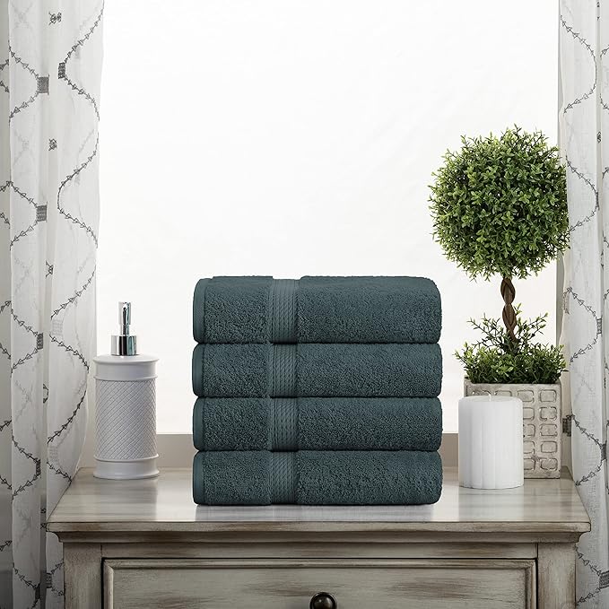 Superior Egyptian Cotton Pile Hand Towel Set of 4, Ultra Soft Luxury Towels, Thick Plush Essentials, Absorbent Heavyweight, Guest Bath, Hotel, Spa, Home Bathroom, Shower Basics, Teal