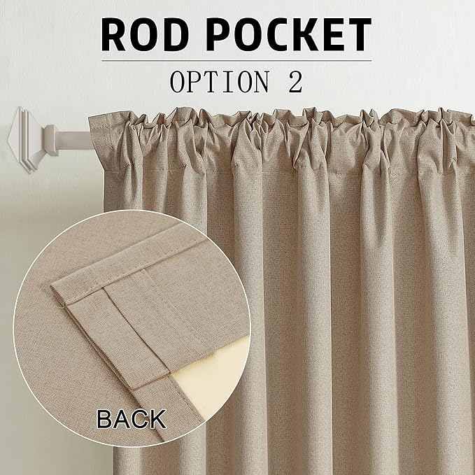 DUALIFE Faux Linen Blackout Taupe Curtains 80 Inch Long,Farmhouse Back Tab Rod Pocket Curtains Room Darkening Thermal Insulated Drapes for Bedroom Living Room,W50 x L80,2 Panels