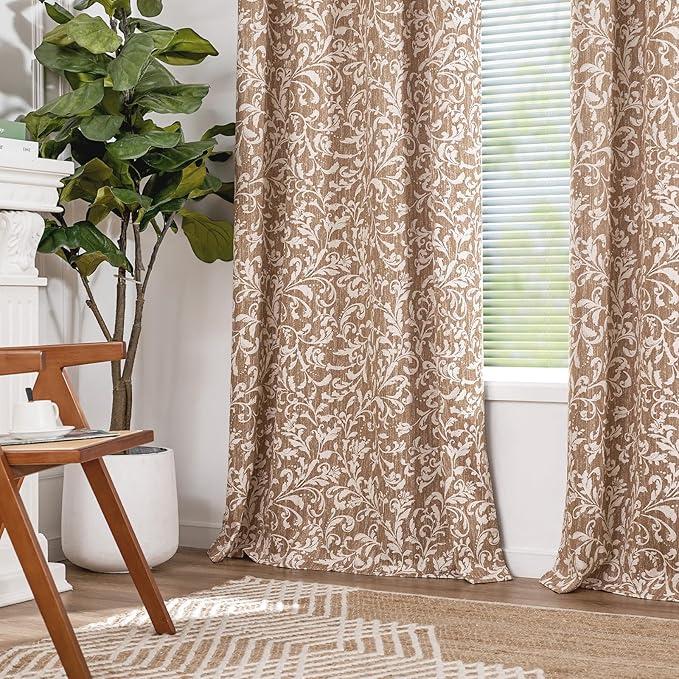 jinchan Blackout Curtains for Bedroom, Warm Taupe Scroll Floral Patterned Curtains 96 Inch Length for Living Room, Farmhouse Vintage Art Deco Drapes, Thermal Insulated Window Curtains Grommet 2 Panels