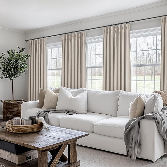 Grey Flax Beige 120 Inch Length Linen Pinch Pleated Viral Thick 10 ft Curtains Blackout & Drapes 2 Panels Set for Living Room, Tall High Ceiling Large Windows Bug with Memory Trained(40"Wx120"Lx2)
