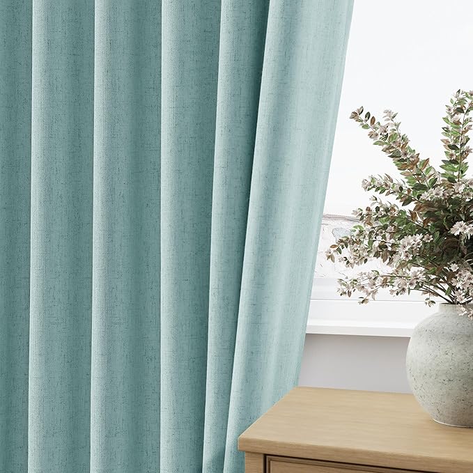 Guken 100% Blackout Linen Curtains 90 Inch Length 2 Panels Set for Living Room Bedroom Back Tab Thermal Insulated Black Out Linen Drapes Room Darkening Window Curtains,Light Blue