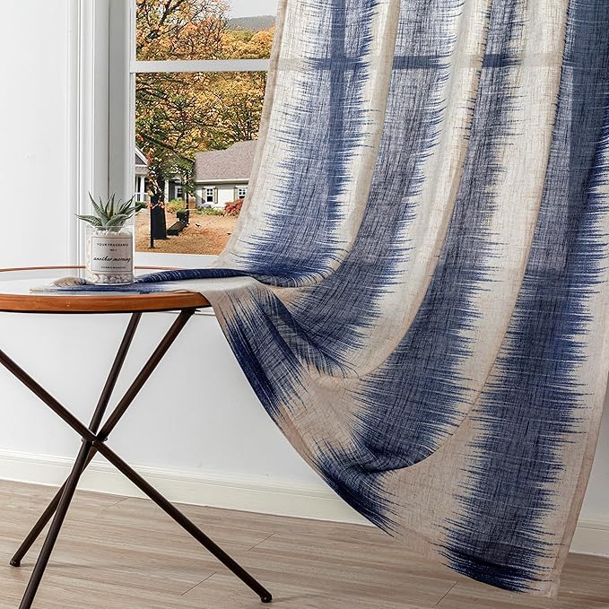 MYSKY HOME Curtains 84 Inches Long 2 Panel Sets for Living Room Bedroom Semi Sheer Curtains Farmhouse Style Drapes for Dining Room Soft Touch Classic Lines Modern Design, 50" Wide, Navy Blue, 2 PCs
