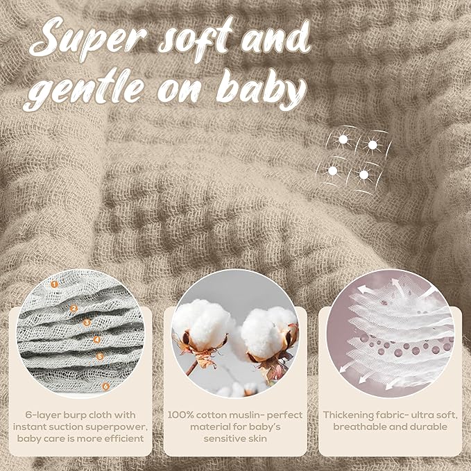 LILY O LAUREL Muslin Burp Cloths, 20"x10"- Pack of 8, 6 Layers Super Soft Absorbent & Breathable 100% Cotton for Baby Drool and Messes, Burp Cloth Baby Boy and Burp Cloths Baby Girl
