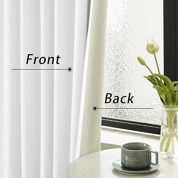 DUALIFE 90 Inch Blackout Pure White Curtains Boho, Thermal Insulated Curtains for Summer Heat for Bedroom Living Room Linen Pleated Drapes 90 Inches Long Rod Pocket(50W x 90L x 2 Panels)