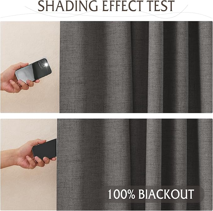 RYB HOME 100% Blackout Linen Textured Curtains 108 inches Long, Thermal Insulating Privacy Energy Saving for Bedroom Living Room Window Office Theater Baby Nursery, W 52 x L 108 in, Grey, 2 Panels
