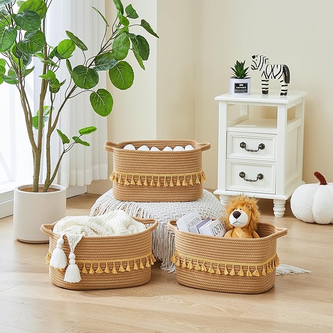 Storage Bins Woven Baskets for Storage Set of 3, Cotton Rope Basket with Handles for Toys/Shelves/Laundry, Rectangle Multi-Purpose Organizer for Living Room, Bedroom, Nursery (Brown)