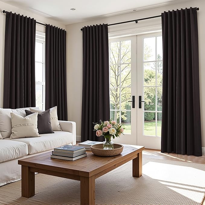 Guken 100% Blackout Curtains 84 Inch Length 2 Panels Set for Living Room Bedroom Back Tab Thermal Insulated Black Out Linen Drapes Room Darkening Cocoa Coffee,52x84