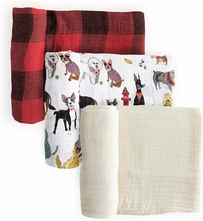 Little Unicorn Muslin Swaddle Blanket for Newborns & Infants | Soft & Breathable Fabric | Set of 3 Baby Blankets for Swaddling, Nursing, Shower Gifts (Woof)