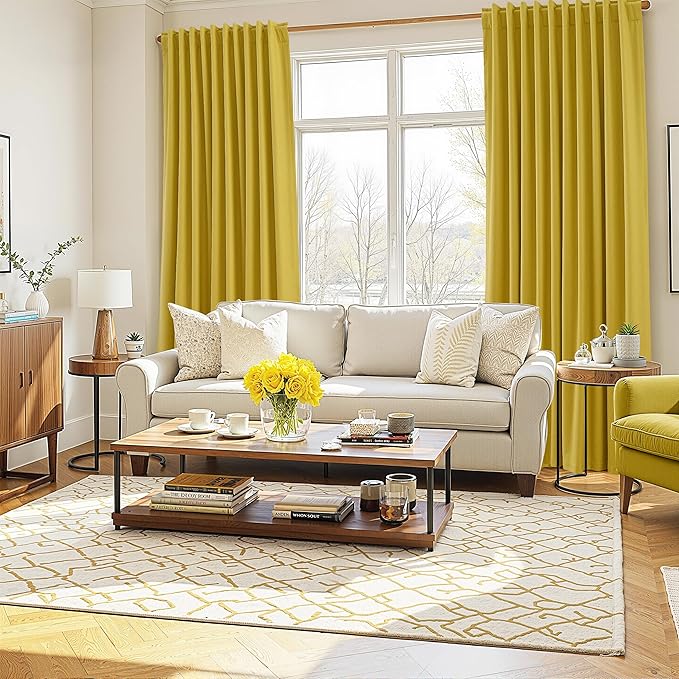 Guken 100% Blackout Curtains 120 Inch Length 2 Panels Set for Living Room Bedroom Back Tab Thermal Insulated Black Out Linen Drapes Room Darkening Celery Yellow,52x120