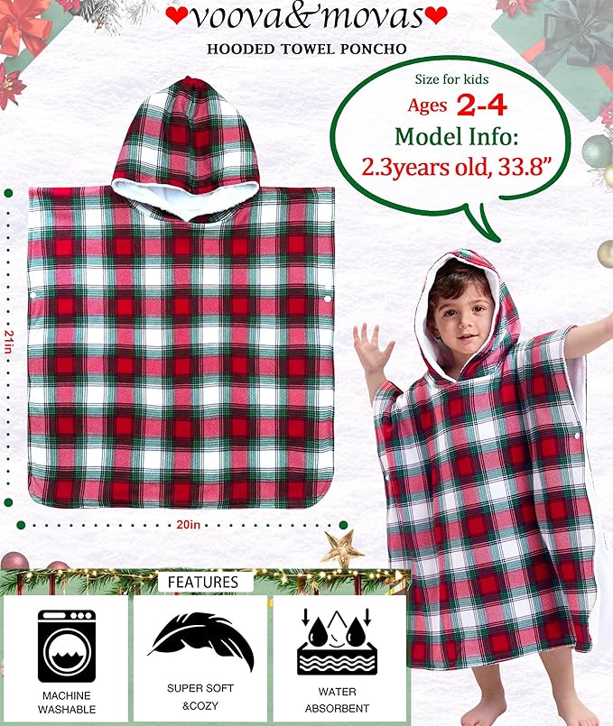 VOOVA & MOVAS Double-Layered Baby Hooded Towel Poncho (2-4 Years, 20x21 Inches) | Ultra Soft & Absorbent Cotton | Thick Toddler Bath Towel for Swimming, Beach, Shower & Winter,Red Bufflo