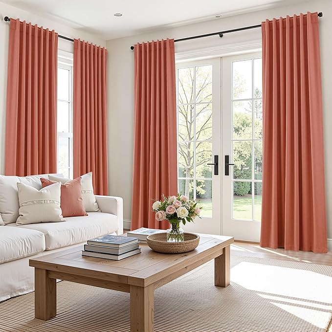 Guken 100% Blackout Curtains 102 Inch Length 2 Panels Set for Living Room Bedroom Back Tab Thermal Insulated Black Out Linen Drapes Room Darkening Coral,52x102