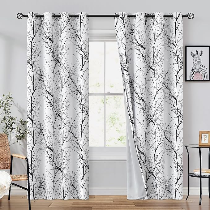 FMFUNCTEX 100% Blackout Curtains White Black Tree Liner Curtains for Bedroom, Branch Partterned Curtains 96 inches Long for Living Room, Room Darkening Thermal Insulated Drapes, Grommet Top 2 Panels
