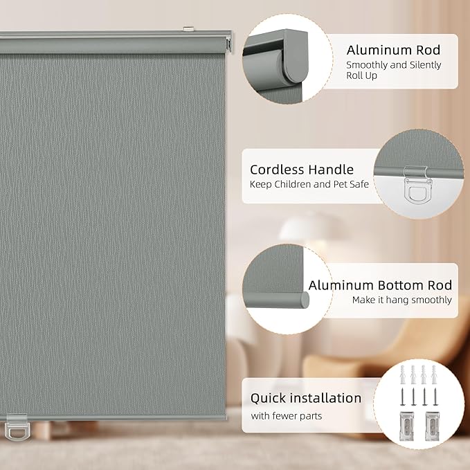 ChrisDowa Blackout Roller Shades for Windows, Striped Pattern Cordless Pull Down Door Blinds with Privacy, Thermal Insulated Window Shades for Living Room, Home and Office. Grey, 48" W x 72" H