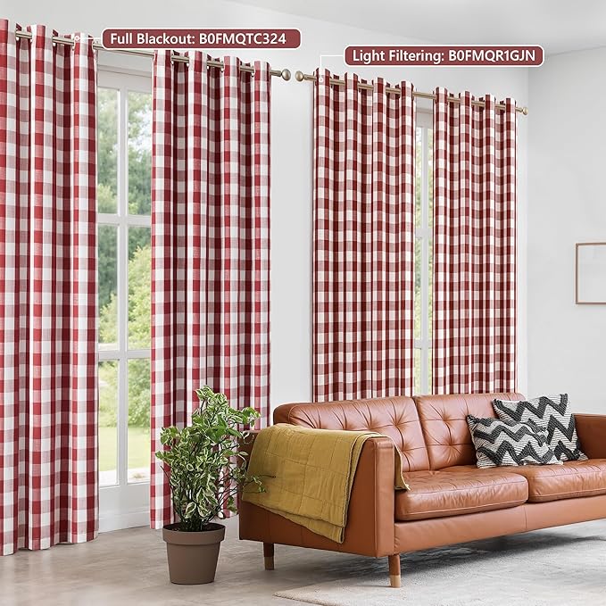 Amzdecor Buffalo Plaid Check Full Blackout Curtains Woven Checkered GEO Thermal Insulated Energy Efficient Drapes Grommet 2 Layers Window Treatment for Bedroom Living Room,2 Panels,52"x84",Red White