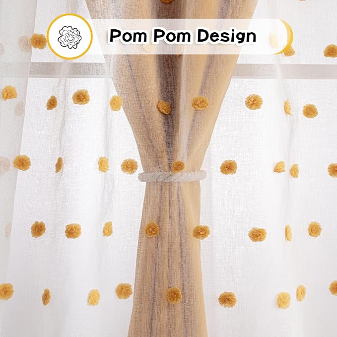 MYSKY HOME Yellow Pom Pom Sheer and Curtains for Bedroom 72 Inches Long Nursery Curtains for Kids Room 2 Layered Blackout Closet Door Drapes Grommet Room Darkening Window Panels 52 x 72 in, 2 Panels