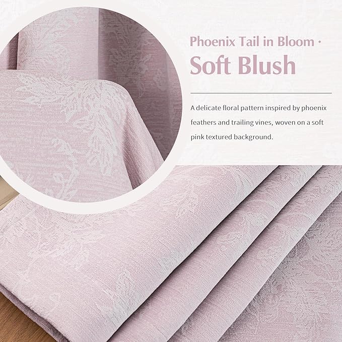 FMFUNCTEX Pink Floral Jacquard Blackout Curtains 90 Inches Long for Girls Bedroom, Scroll Flower Chenille Farmhouse Curtains for Nursery Room Darkening Thermal Insulated Grommet Window Drapes 2 Panels
