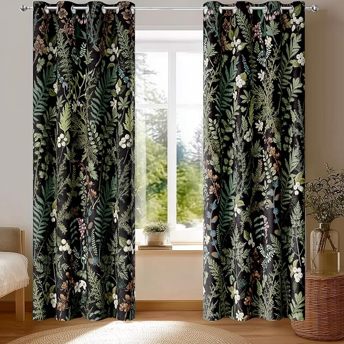 Retro Black Floral Leaf Blackout Curtains, Boho Vintage Botanical Flower Window Drapes, Living Room Bedroom Decor 2 Panels 52x84 Inch