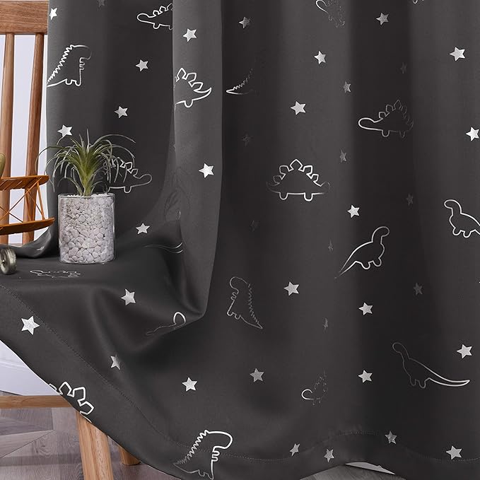 LORDTEX Dinosaur and Star Foil Print Blackout Curtains for Kids Room - Thermal Insulated Curtains Noise Reducing Window Drapes for Boys and Girls Bedroom, 42 x 84 Inch, Grey, Set of 2 Panels