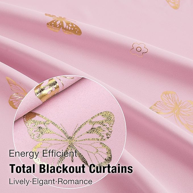 Jubilantex Gold Butterfly Print Blackout Curtains 95 Inches Long for Bedroom Kids Bedroom Nursery Floral Print Window Curtains with Black Layer,Grommet Top 2 Panels