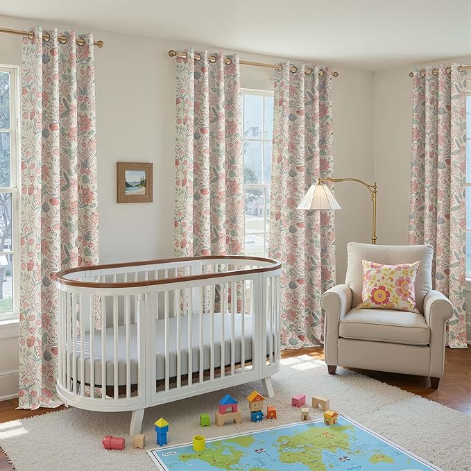 jinchan Nursery Curtains 95% Blackout 90 Inch Long, Pink Floral Curtains for Girls Room, Farmhouse Country Drapes for Living Room, Room Darkening Window Treatments Grommet Top Set 2 Panels