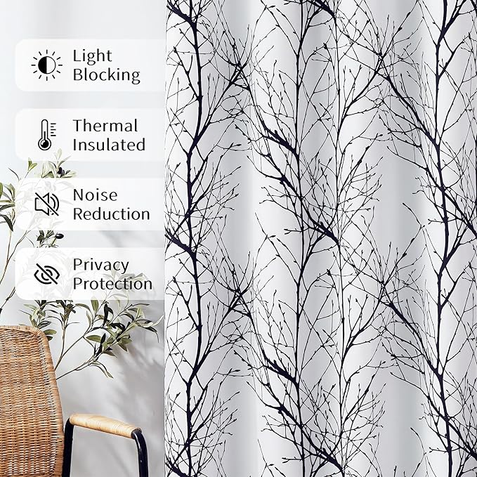 FMFUNCTEX 100% Blackout Curtains White Black Tree Liner Curtains for Bedroom, Branch Partterned Curtains 96 inches Long for Living Room, Room Darkening Thermal Insulated Drapes, Grommet Top 2 Panels