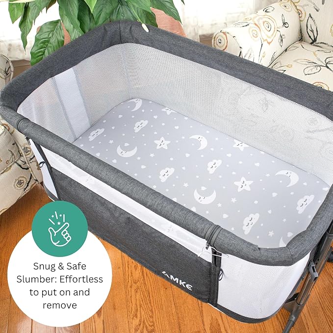 Bassinet Sheets for Airclub, AMKE, LovliTod Baby, Bonbay, Bellababy Bedside Bassinet Sleeper by TansyPanda, 3PC, 20x33, Ultra Soft, Breathable, Snug Fit, Unisex Boys, Girls, Gray (Stars, Clouds)