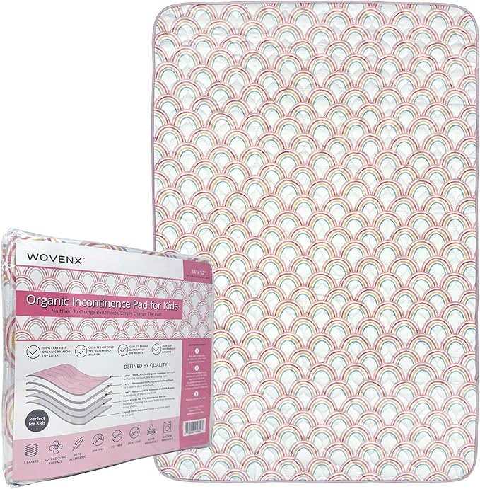 WOVENX Organic Incontinence Pads for Kids & Toddlers - 5 Layer Waterproof Protectors for Overnight Bed Wetting - Reusable & Washable Pee Pads - Fits Twin to Full Size Beds - 34" x 52" Rainbow
