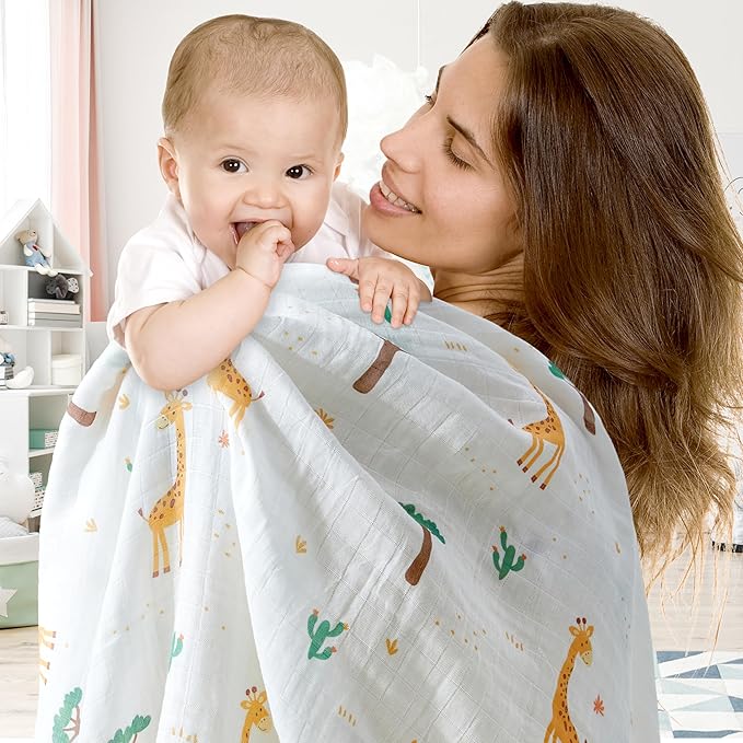2-Pack 100% Cotton Muslin Swaddle Blankets, Large 47 x 47 Inches — Breathable Soft Receiving Blankets for Newborns, Swaddling Wraps, Baby Essentials, Registry Gift (Forest & Giraffe Duo)