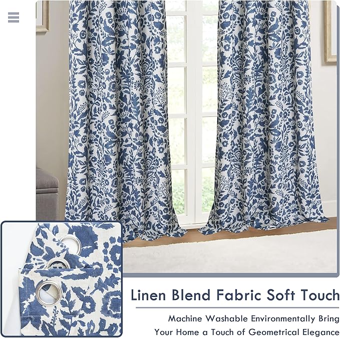 DriftAway Julia Watercolor Blackout Room Darkening Lined Thermal Insulated Energy Saving Window Curtains 2 Layers 2 Panels Each Size 52 Inch by 96 Inch Linen Navy