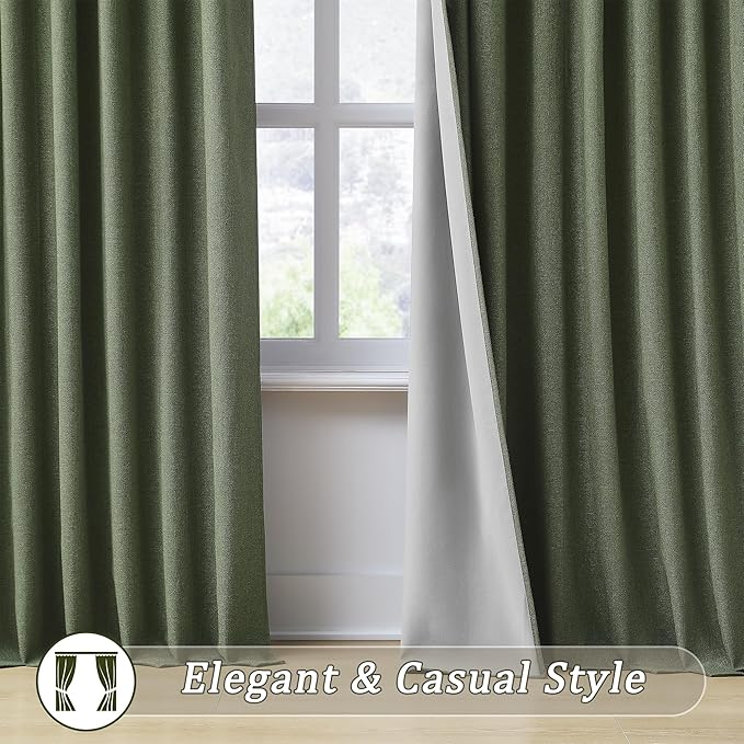 RAIN CITY Extra Wide Linen Blackout Curtains & Drapes with Hooks 70 in Width for 60&72 Inch Window 2 Panels,Back Tab Pleated Curtains for Track System Sliding Glass Door 70x102,Loden Olive Green