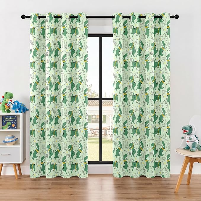 Kids Space Dino Blackout Curtains - 100% Blackout, Thermal Insulated, Noise Reducing, Perfect for Kids Room and Nursery, 2 Panels (Cosmo Dino Green, W52×L84)